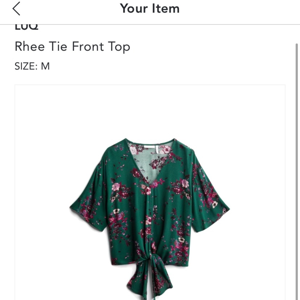LUQ “Rhee Tie Front Top” in dark green. Medium. NWT